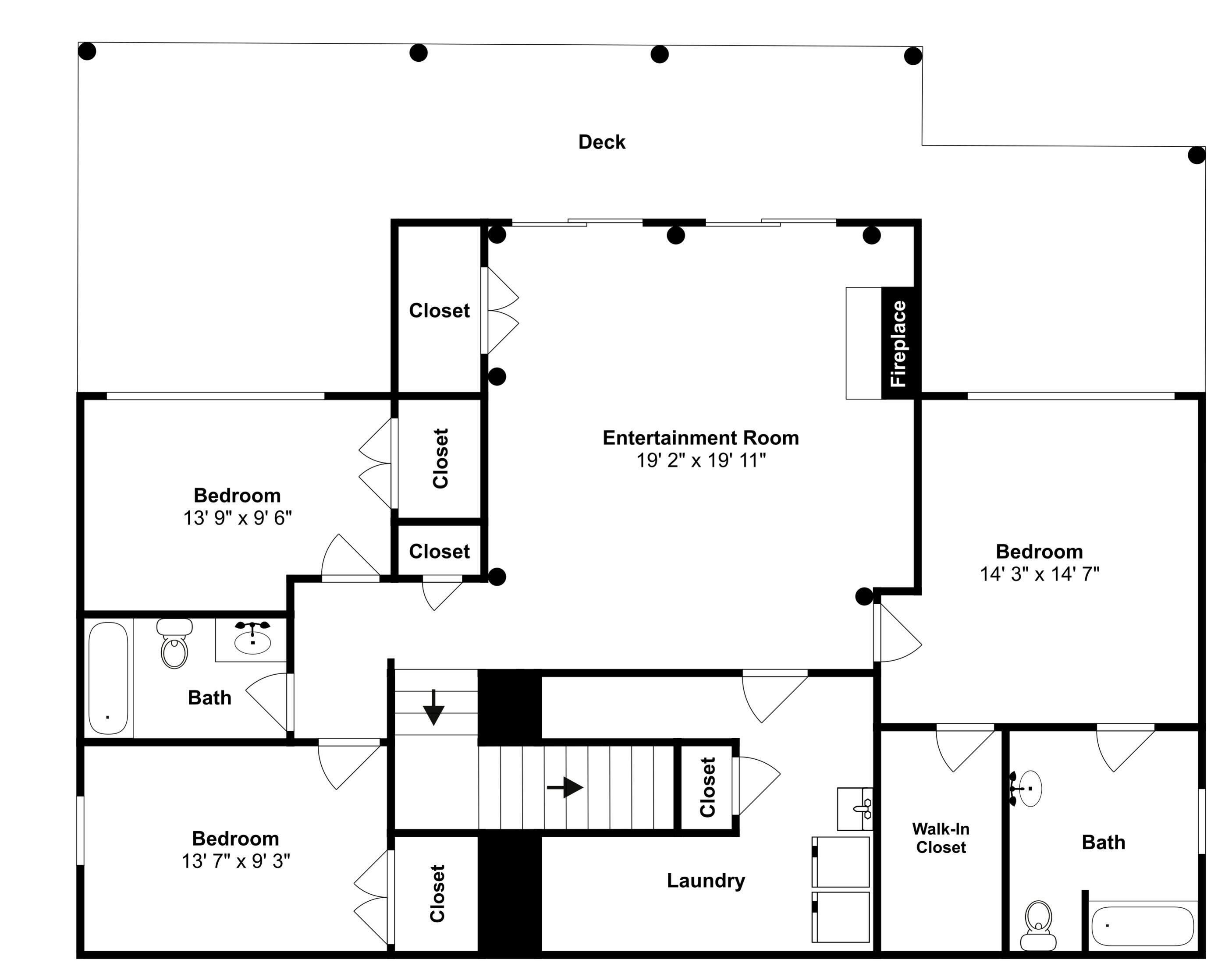 Plano de planta con terraza, sala de entretenimiento, dos dormitorios, un baño y zona de lavandería.