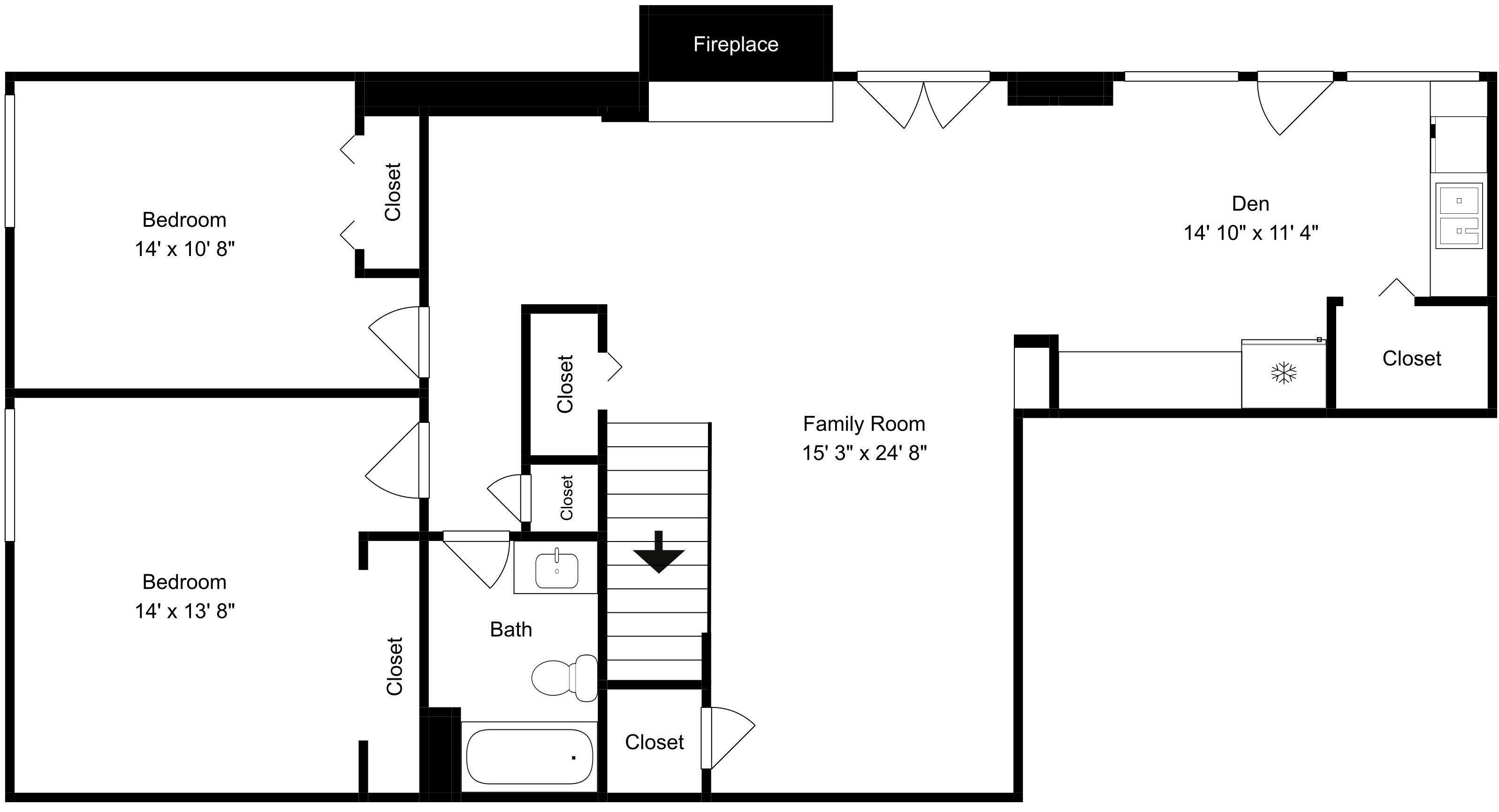 Ein Grundriss mit Schlafzimmer, Abstellraum, Badezimmer, Familienzimmer und Arbeitszimmer.