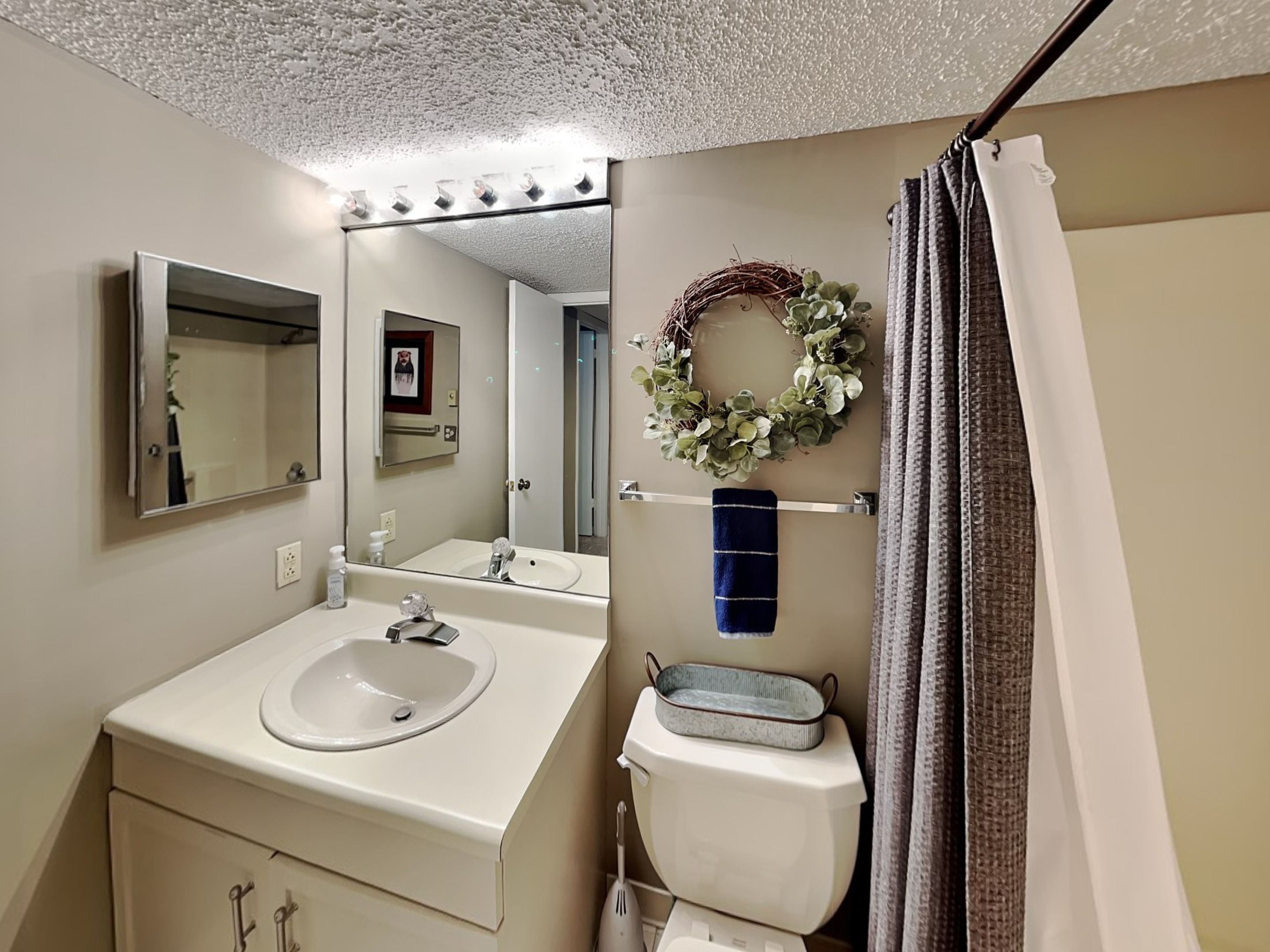 A bathroom with a sink, mirror, toilet, and shower curtain.