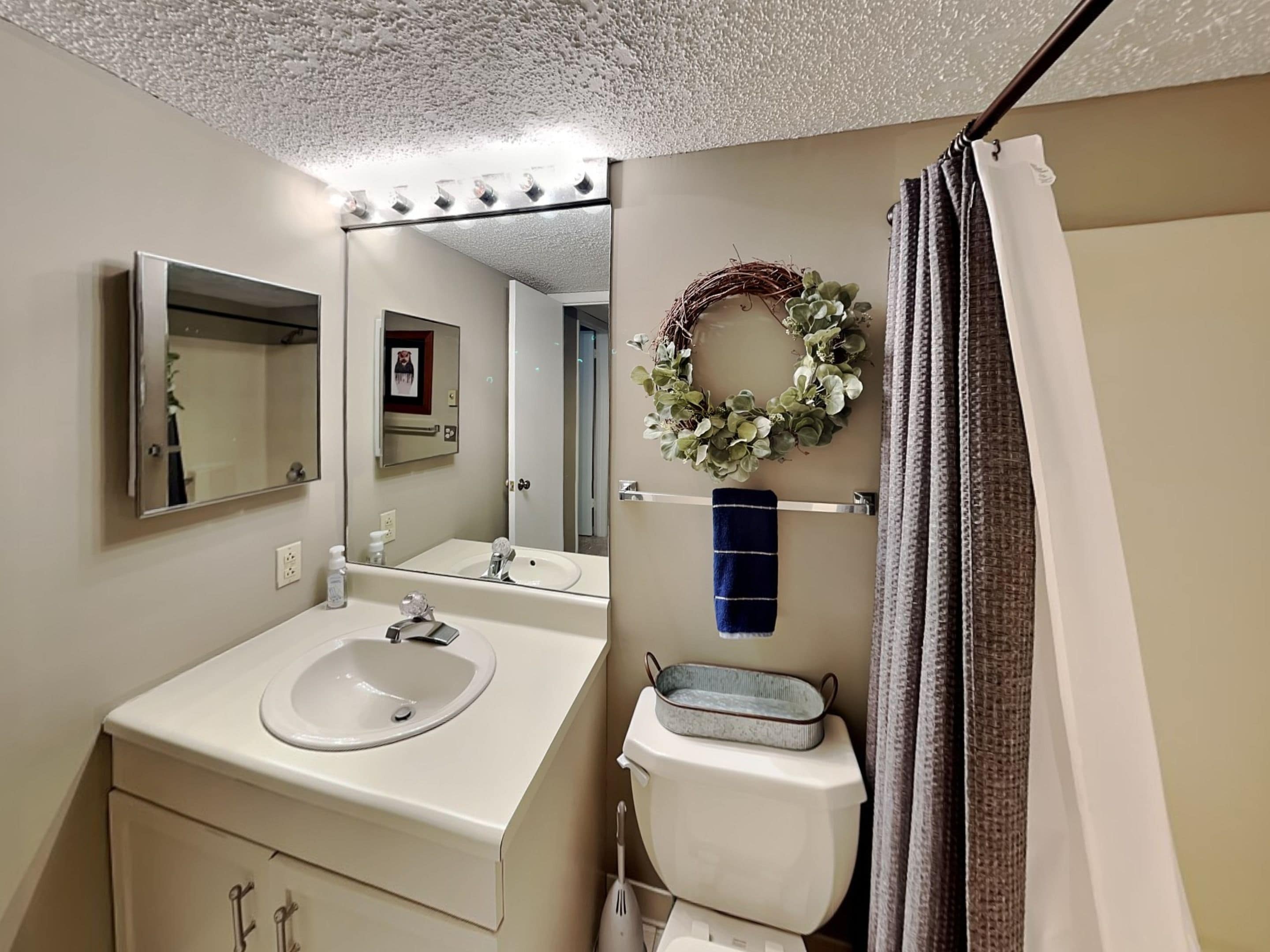 A bathroom with a sink, mirror, toilet, and shower curtain.
