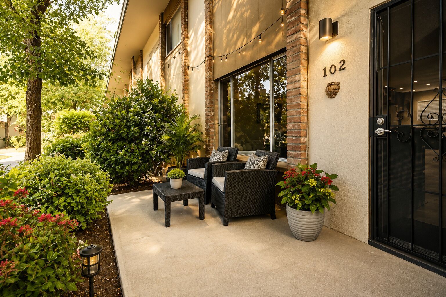 A building with a brick facade, a number '102' sign, outdoor seating with wicker furniture, and potted plants.