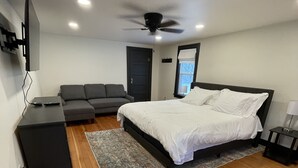 Une chambre à coucher avec un lit, un canapé, une télévision et un ventilateur de plafond.