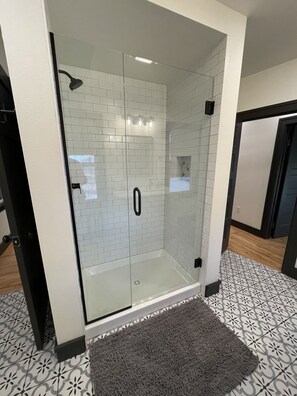 Shower, towels, soap, shampoo