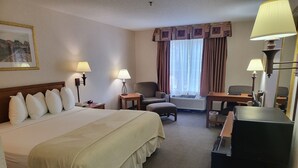 Une chambre d’hôtel avec un grand lit, un bureau, une chaise, un canapé et un téléviseur.