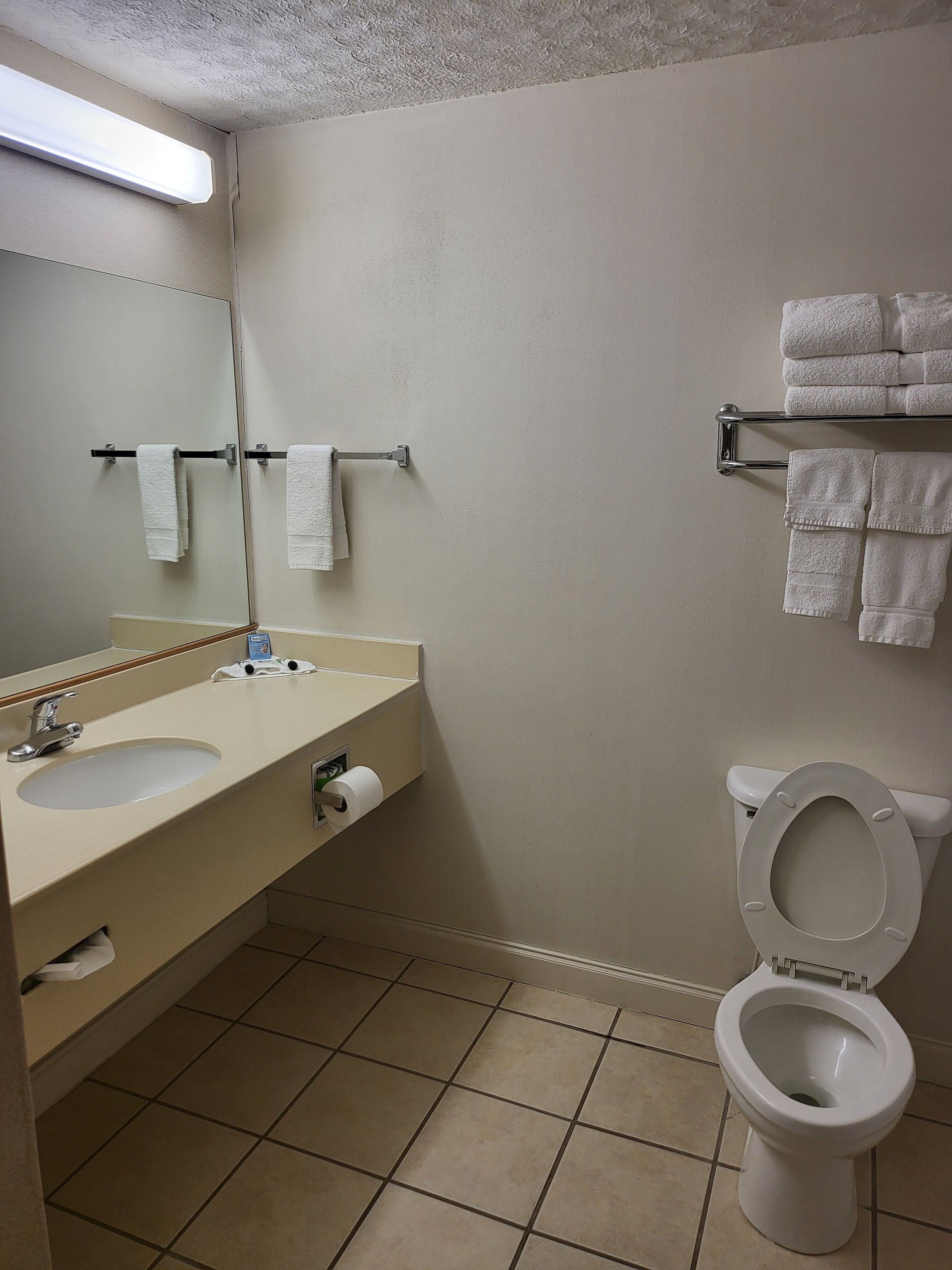 A bathroom with a sink, mirror, towel rack, toilet, and a toilet paper holder.