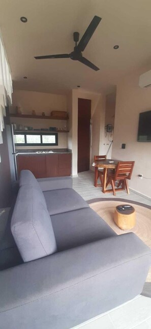 Leilighet – comfort, 1 soverom | Oppholdsområde | En 50-tommers Flatskjerm-TV med digitale kanaler samt strømmetjenester