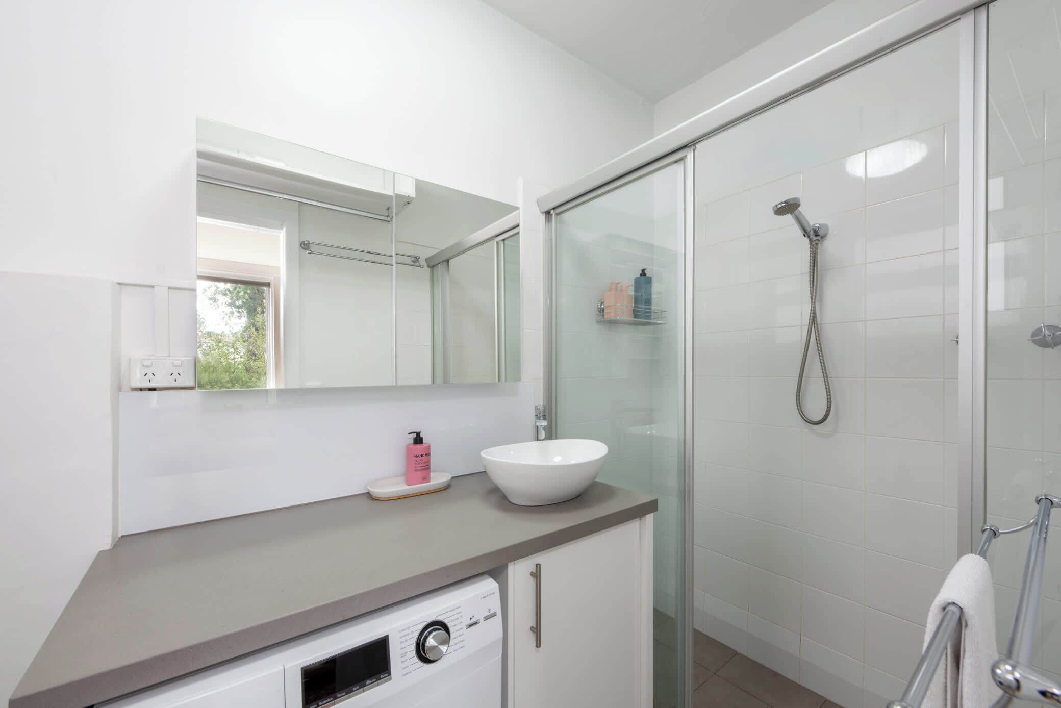 Shower, hair dryer, shampoo