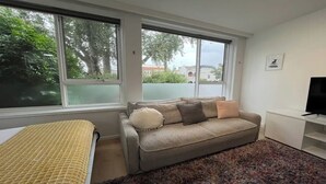Une pièce avec un canapé, un téléviseur et une fenêtre donnant sur des arbres et des immeubles.