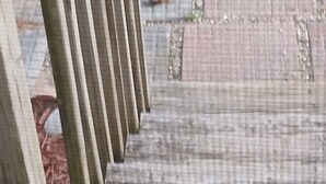 A wooden fence and a paved area with grass.