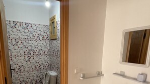 A bathroom with a toilet, sink, and a mirror.