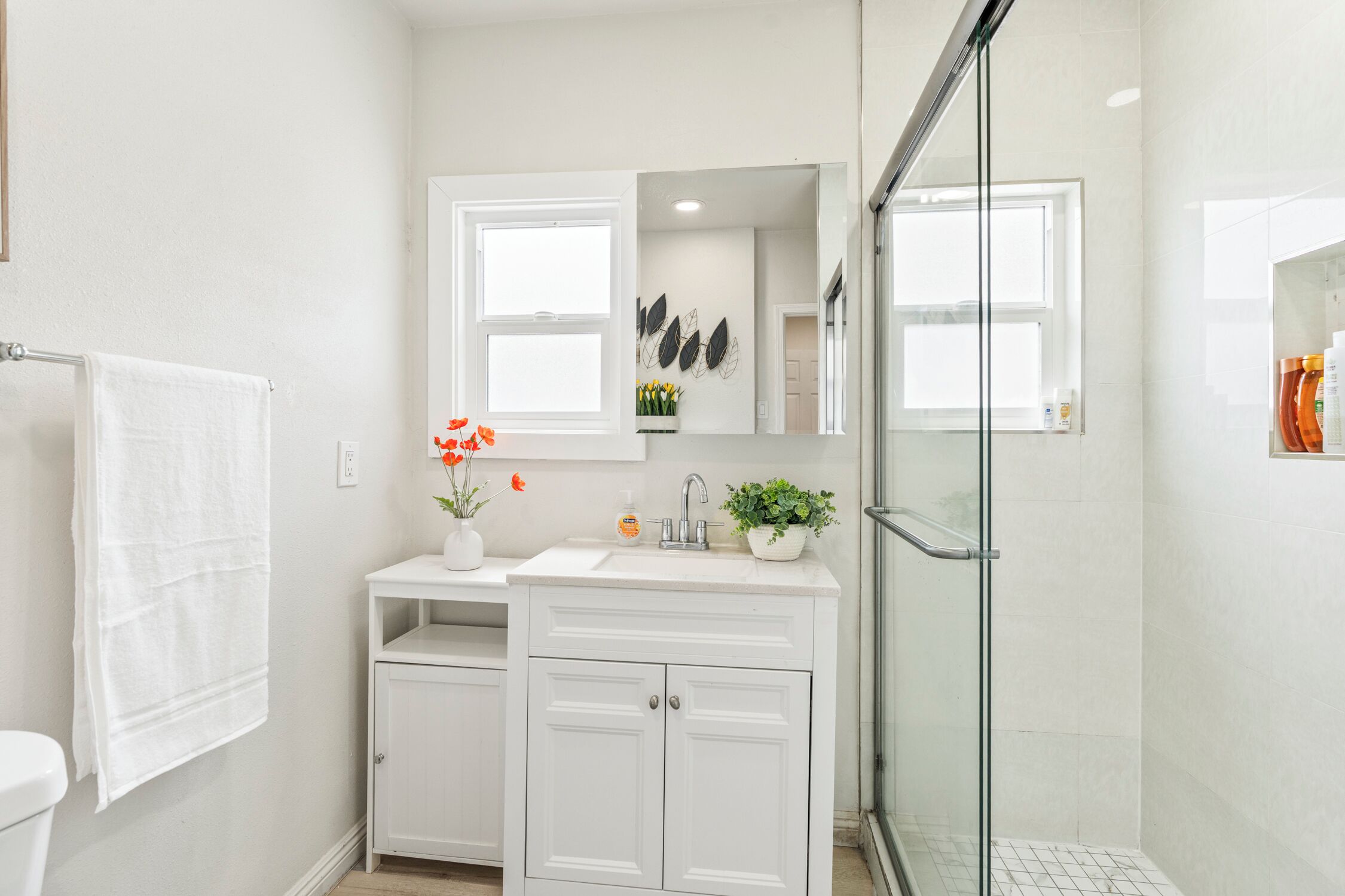 Shower, hair dryer, towels, shampoo
