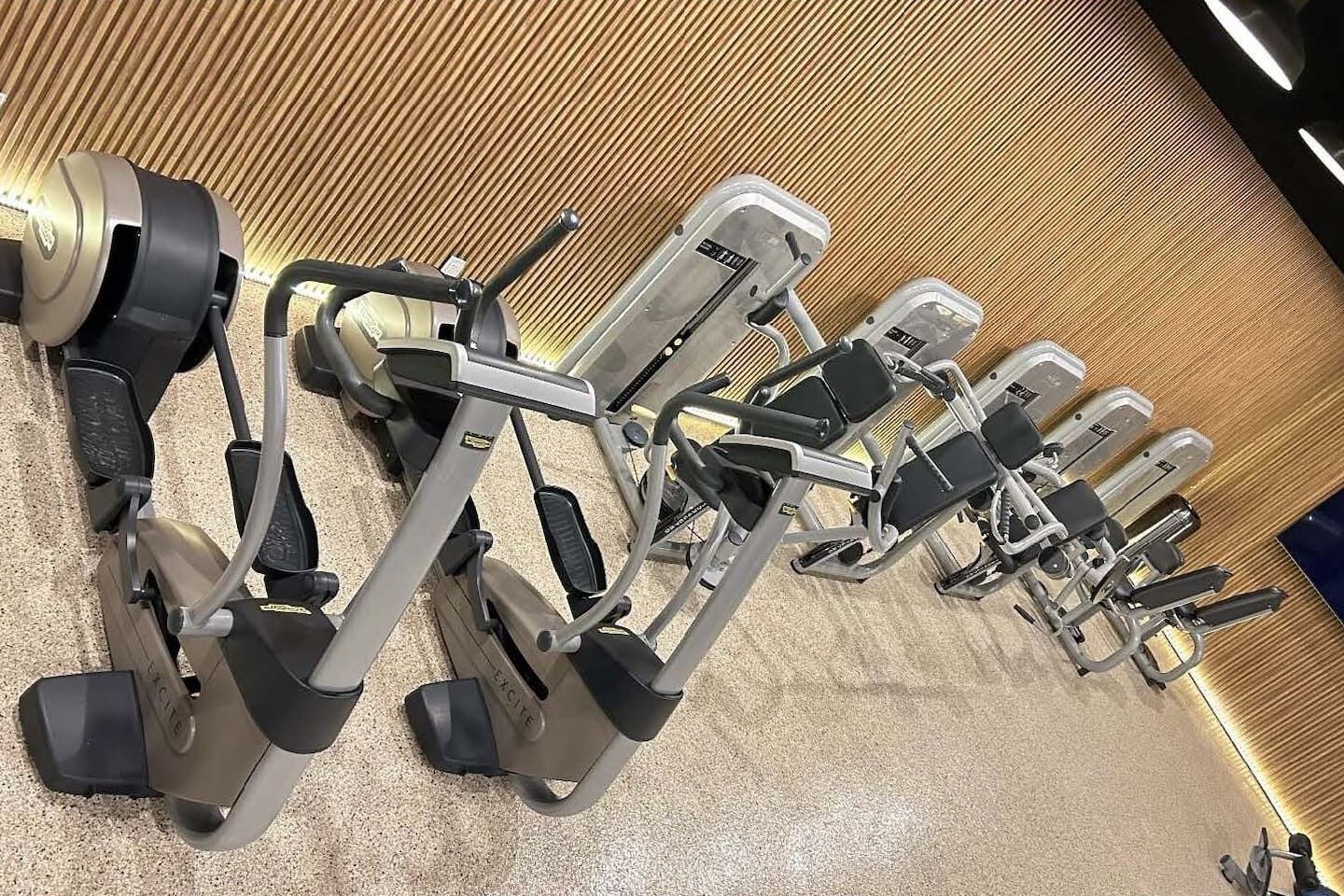 A gym with various exercise machines, a wooden wall, and a carpeted floor.