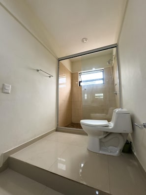 A small, modern bathroom with a toilet, a shower, and a glass door.