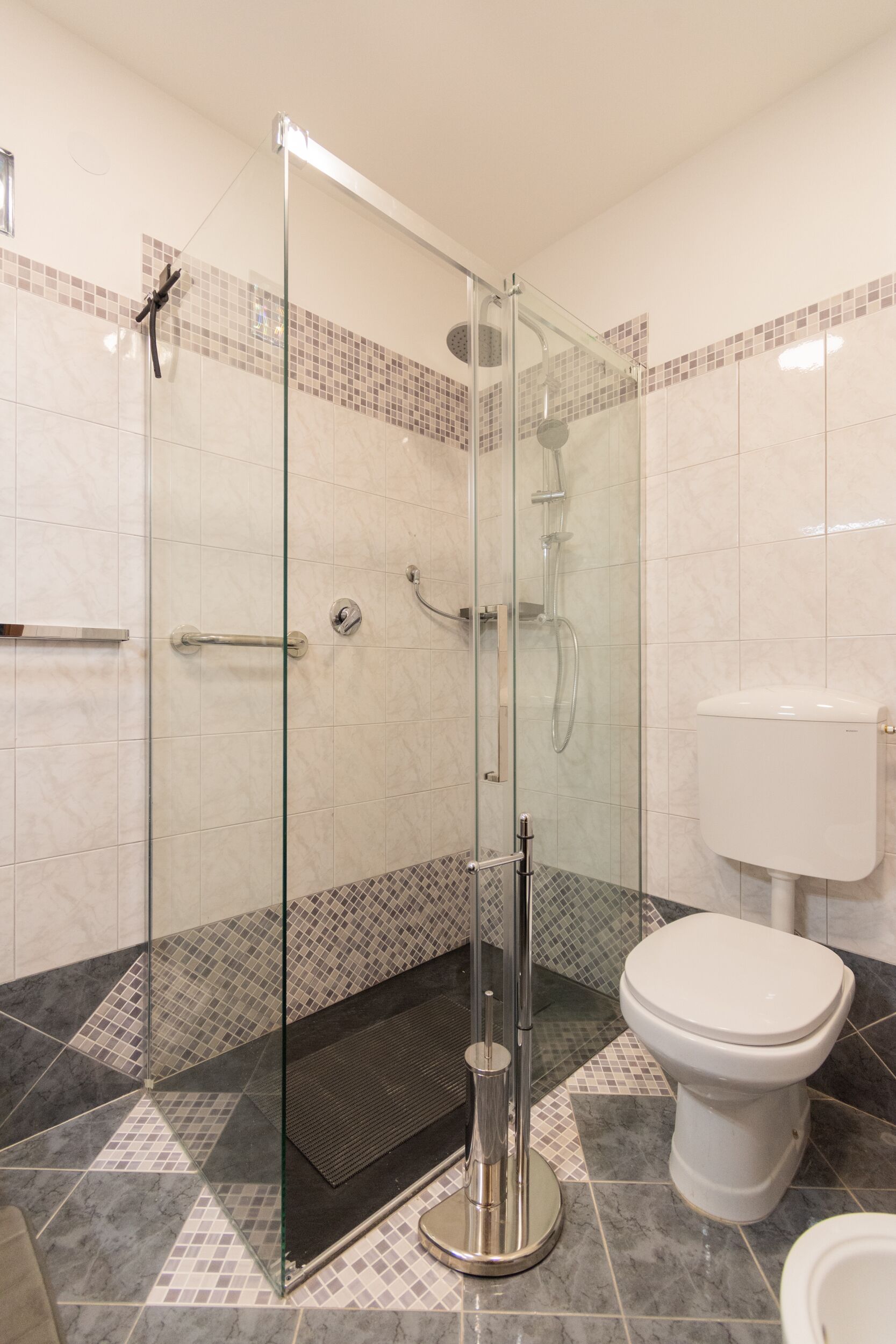 A modern bathroom with a glass-enclosed shower, a toilet, and a sink.