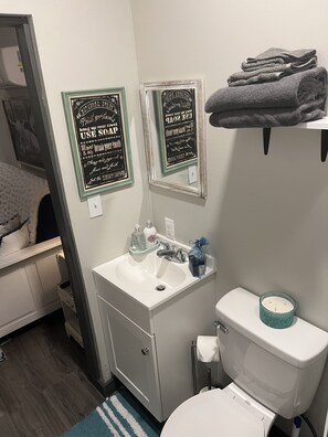 A bathroom with a white sink, a mirror, and a toilet. There are two framed signs on the wall, a towel rack with towels, and a blue bag on the sink. - Tiny House on The Grove (La Crosse)