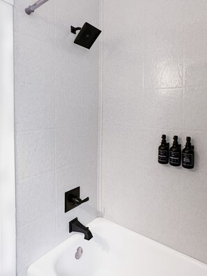 Hair dryer, towels, soap, shampoo