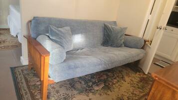 A grey sofa with wooden legs and two pillows, placed on a floral-patterned rug.