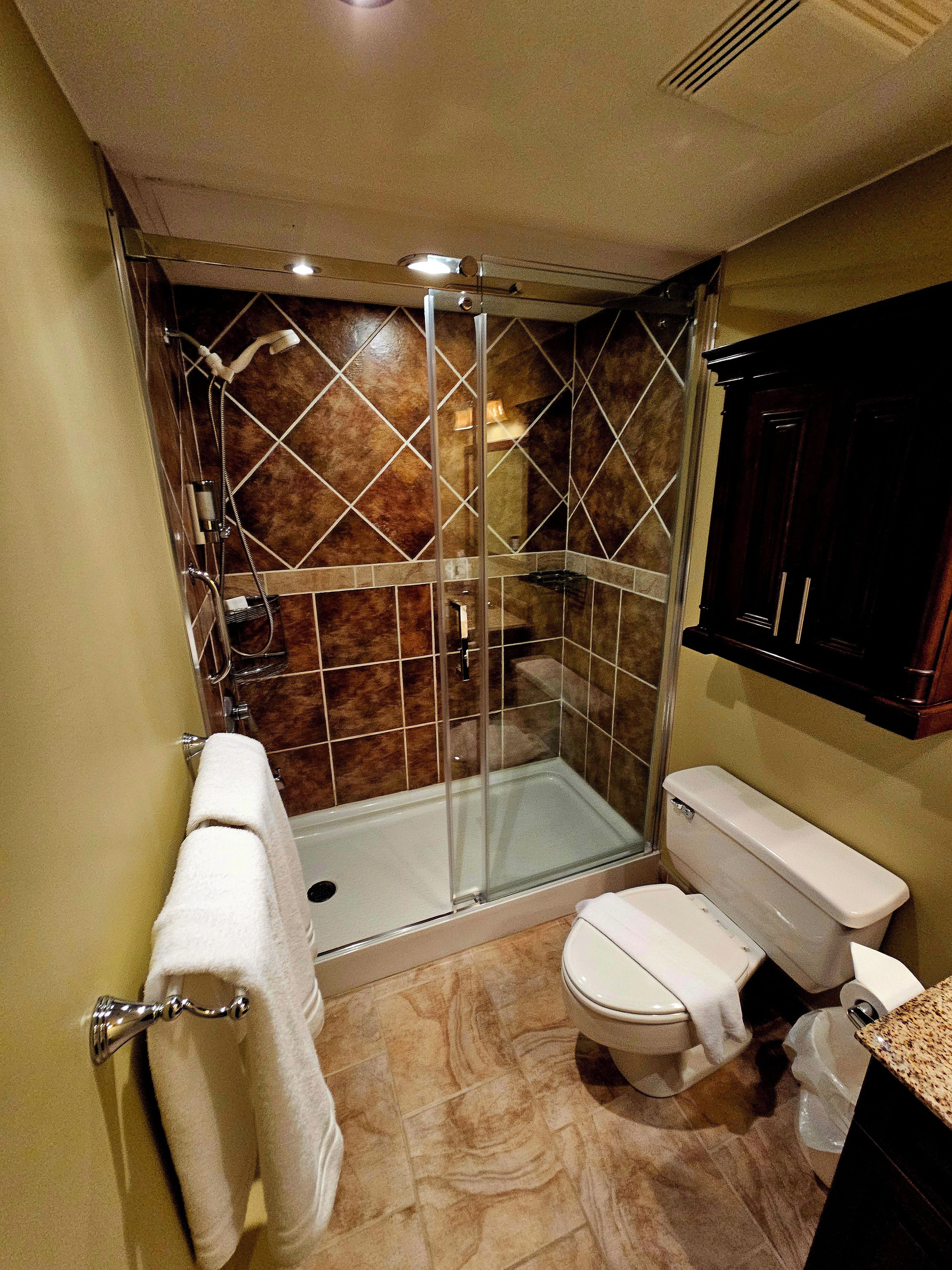 A bathroom with a glass-enclosed shower, a toilet, and a sink.