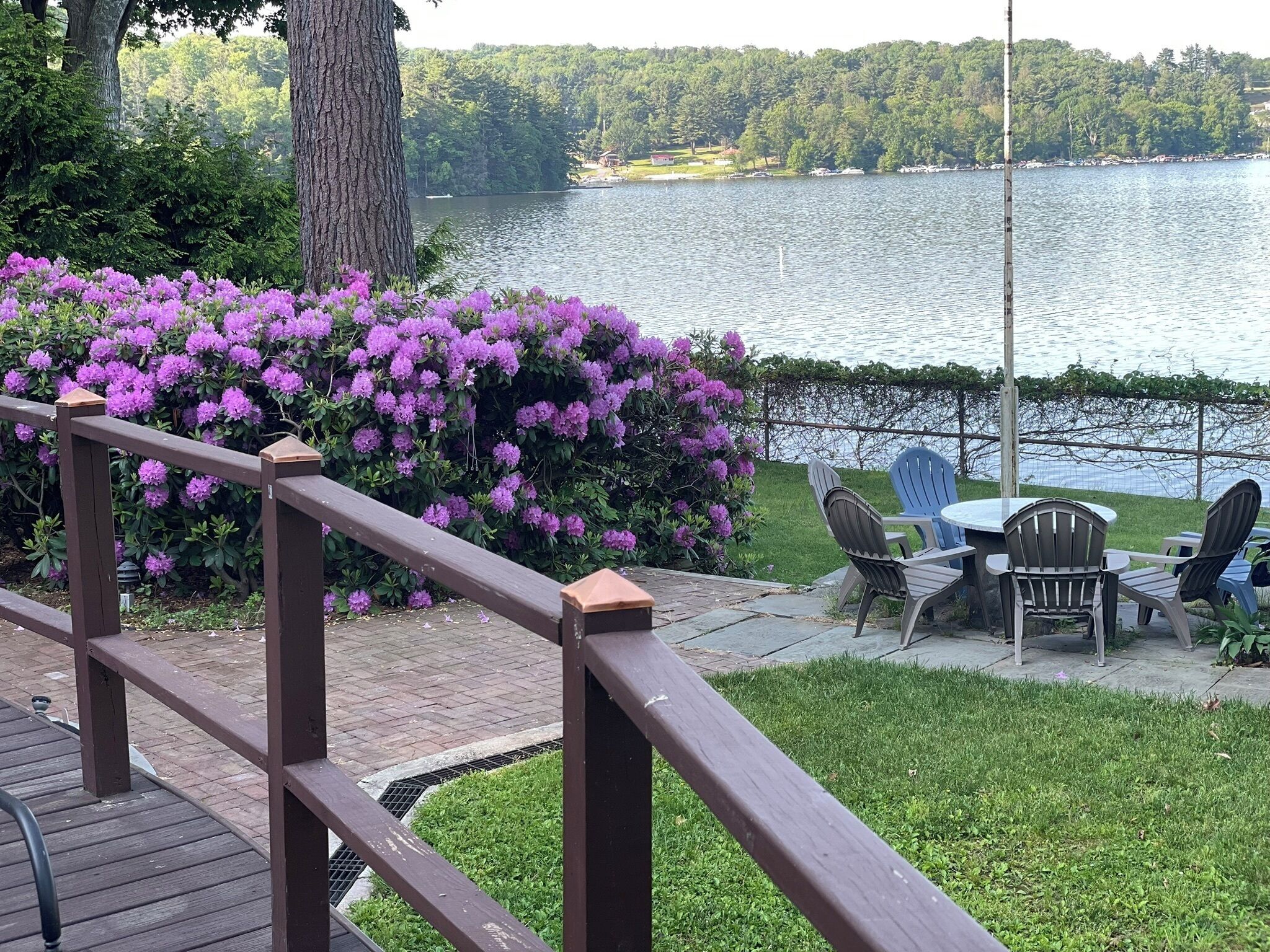 A deck with a view of a lake, surrounded by purple flowers and a grassy area with outdoor furniture.