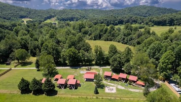 A rural property with multiple red-roofed buildings, surrounded by lush green fields and dense forest.