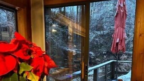 A wooden dining table with a red vase of red flowers, a wooden tray, and a view of a snowy forest through large windows. - Waterfront luxurious midcentury Log cabin (Payson)