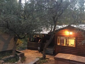 A wooden cabin with a porch and a lit window, surrounded by trees.