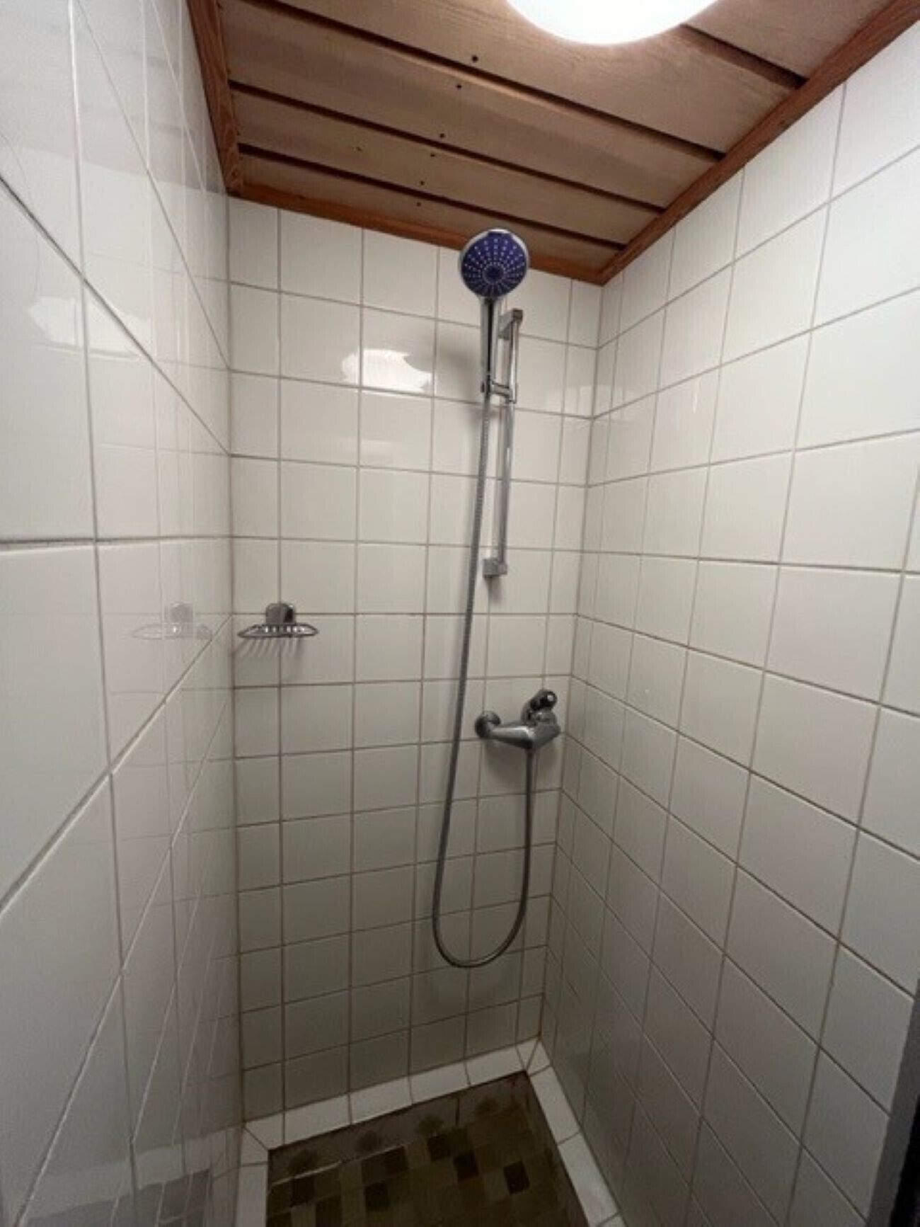 A small, tiled shower room with a wooden ceiling and a handheld showerhead.