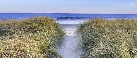 On the beach, sun-loungers, beach towels