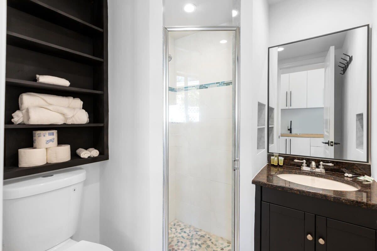 Shower, hair dryer, towels