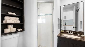 Shower, hair dryer, towels