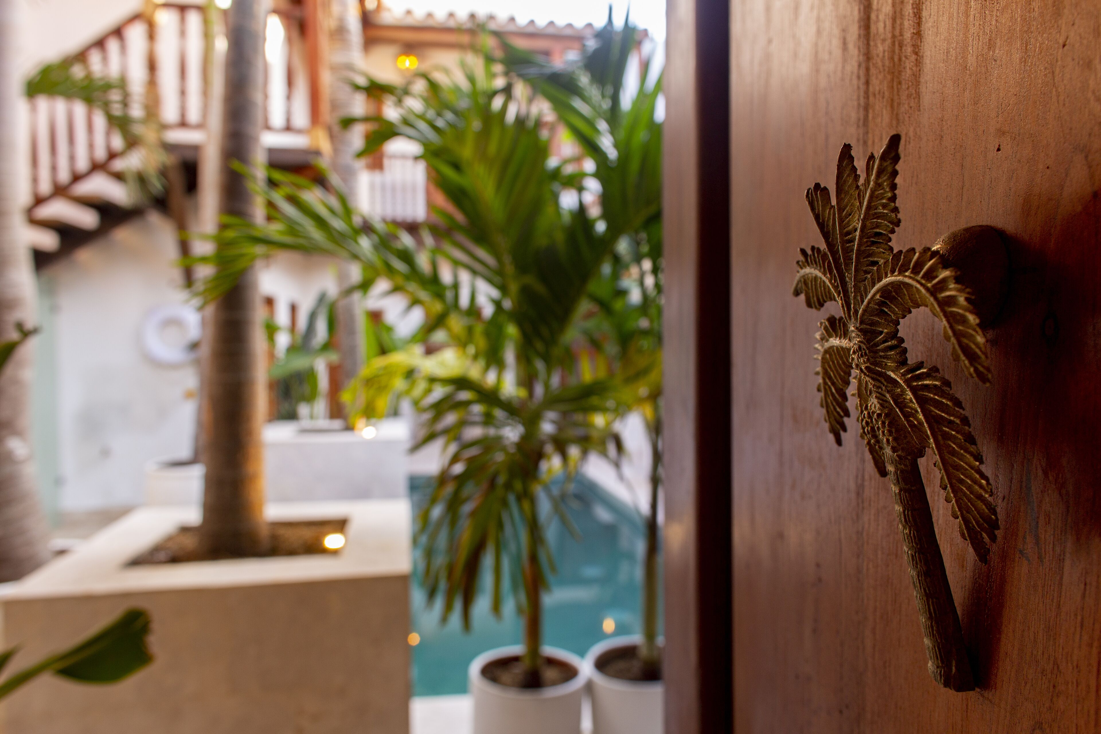 Una porta in legno con decorazioni a foglia in metallo, una palma in vaso e sullo sfondo un scorcio di scale e area piscina.