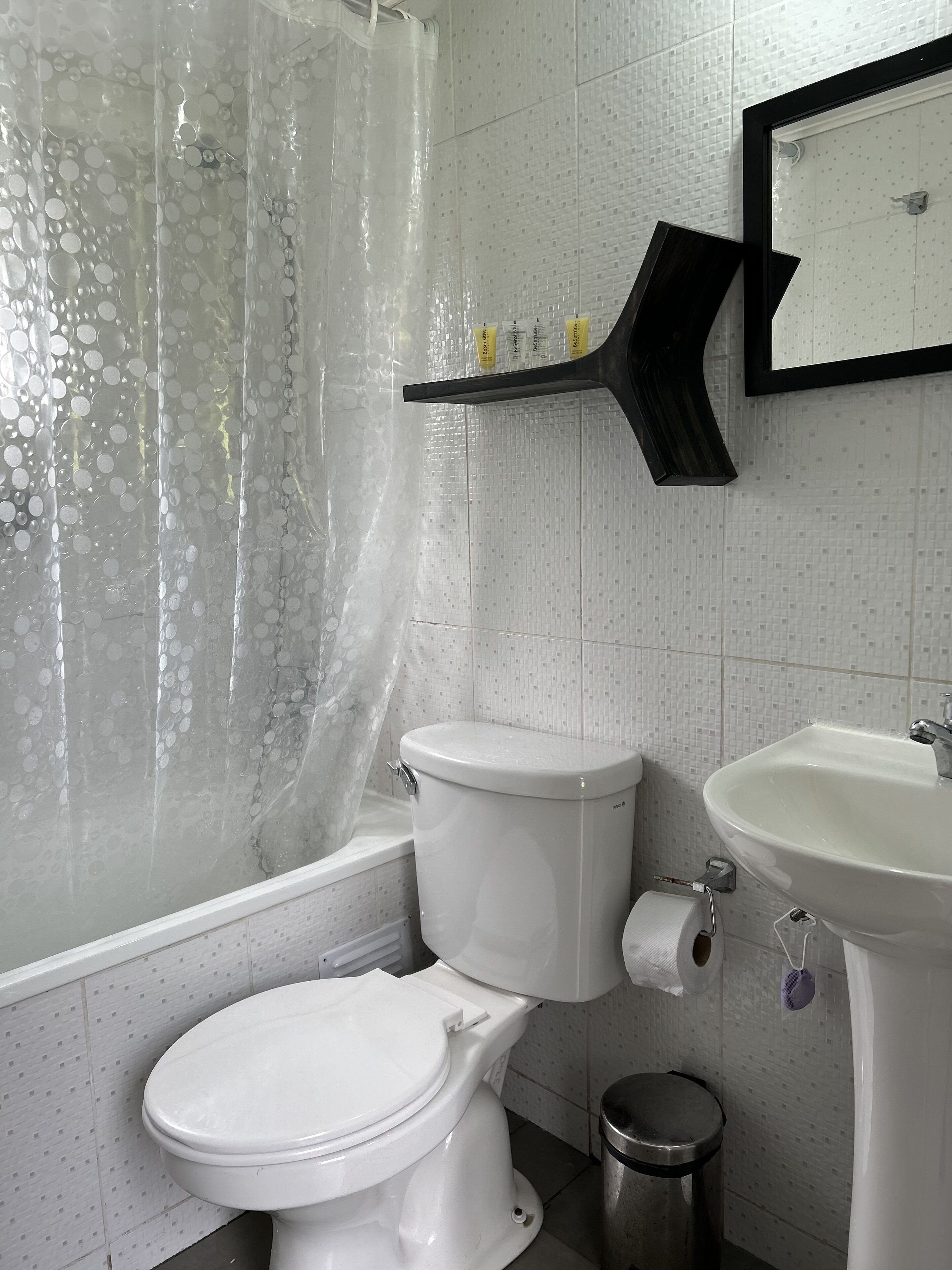 A bathroom with a toilet, a sink, a shower curtain, and a mirror.
