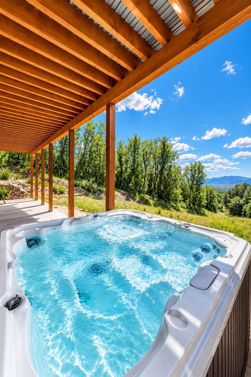 A hot tub under a wooden pergola with a clear view of a mountainous landscape.