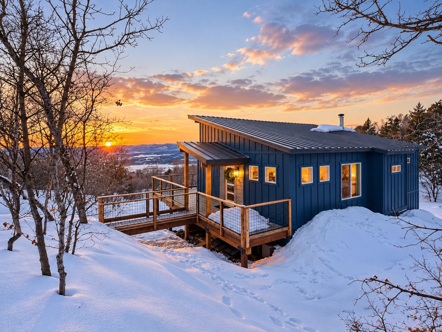 Hummingbird Hideaway cabin and wraparound deck glowing at snowy sunset