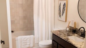 A bathroom with a shower, toilet, and vanity with a sink and mirror.