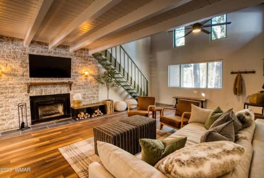 Smart TV, fireplace, foosball, books