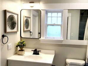 Hair dryer, towels, soap, shampoo