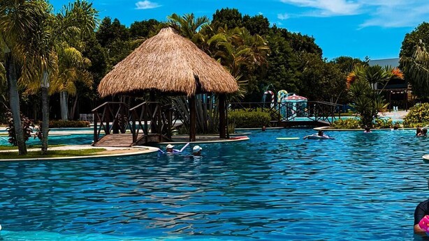 A swimming pool with a thatched-roof structure, palm trees, and a clear blue sky.