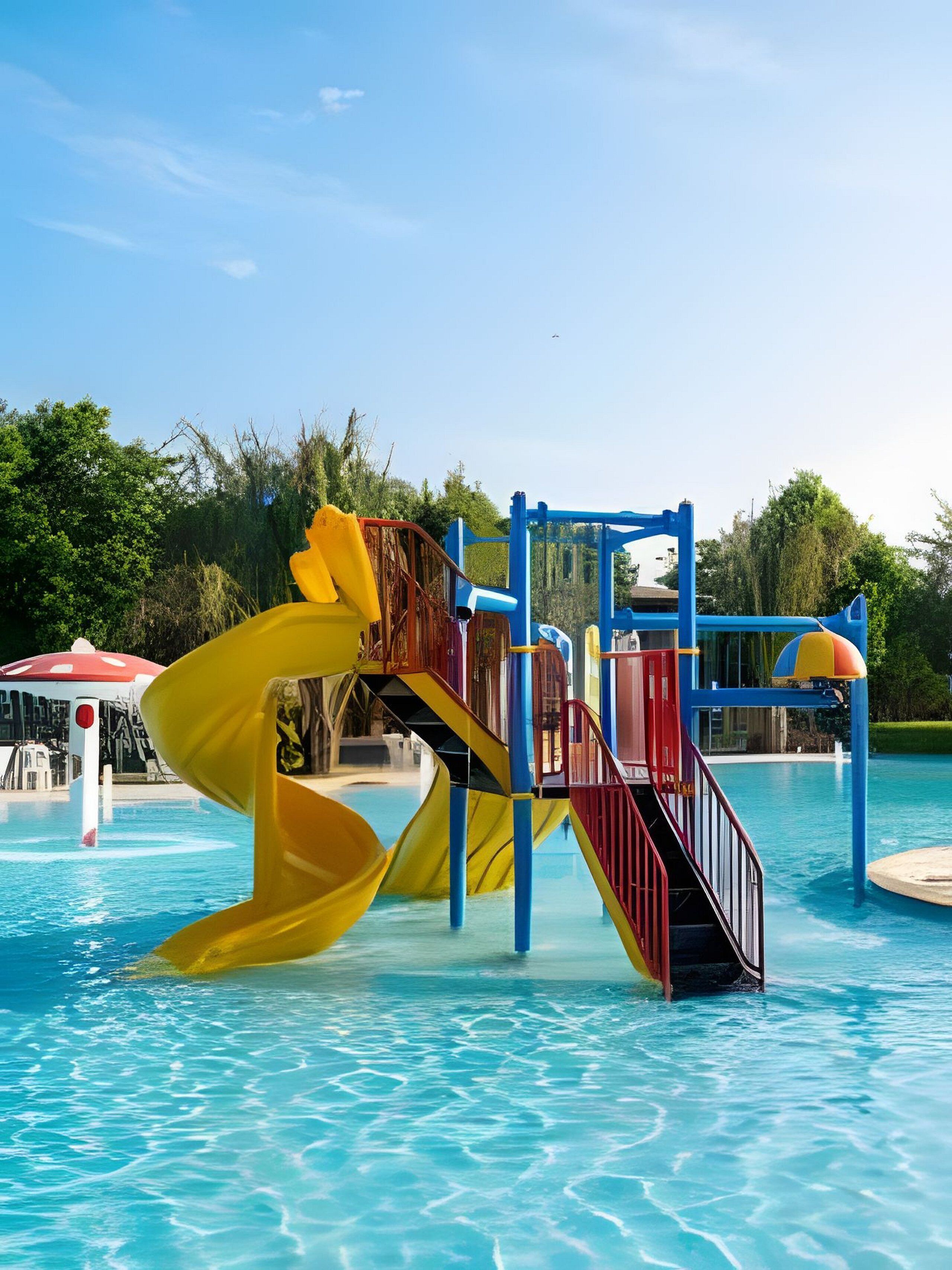 A water park with a yellow slide and blue and red play structures.