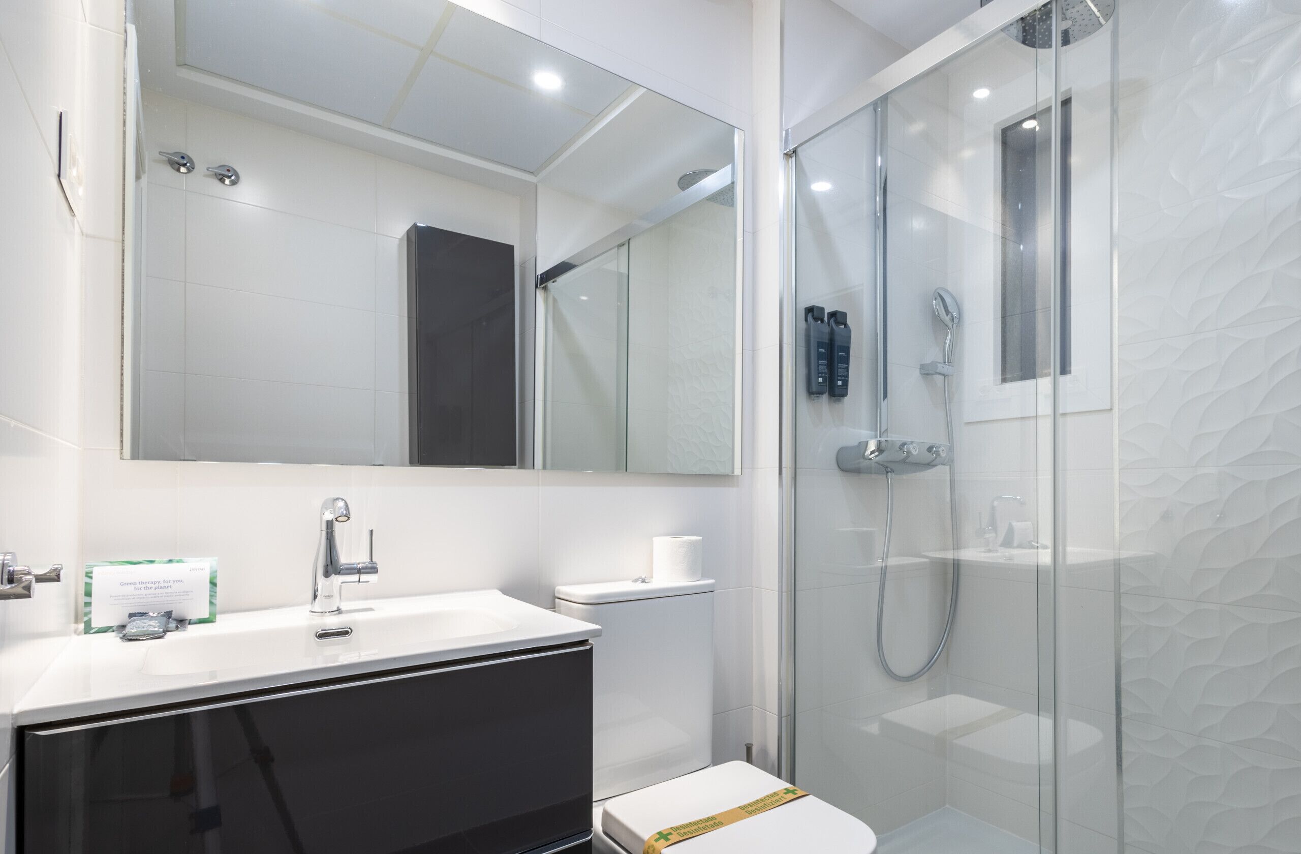 A modern bathroom with a glass-enclosed shower, a white sink, and a large mirror.
