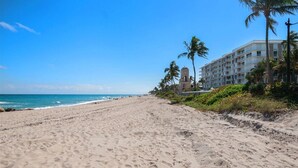 Una playa con un edificio que tiene una torre del reloj, palmeras y un cielo azul despejado.