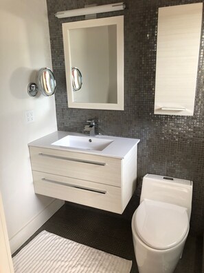 Chuveiro, secador de cabelo, toalhas de banho, papel higiênico