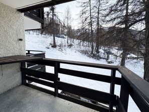 Un balcon donnant sur un paysage enneigé et des arbres sans feuilles.