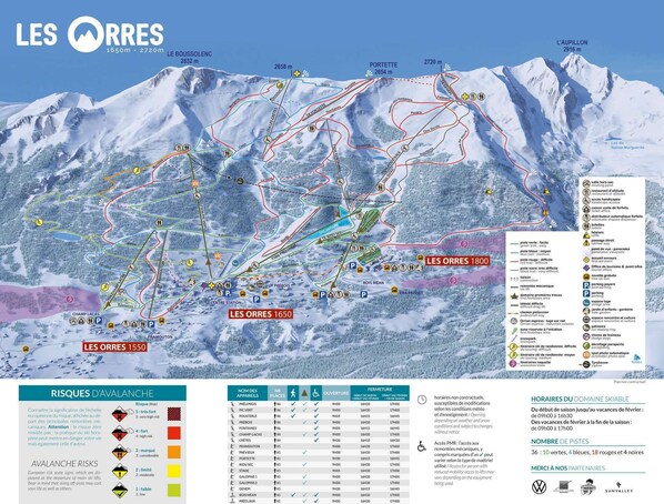 A ski resort map with marked trails, ski lifts, and mountain peaks. - 6-person studio with direct access to the slopes (LES ORRES)