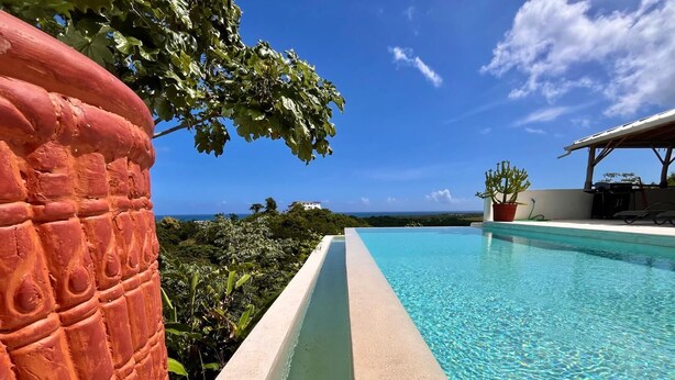 A clear blue pool with a view of the ocean and a large red column.