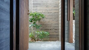 A narrow concrete pathway leading to a wooden wall with a small garden area featuring a plant with broad leaves.