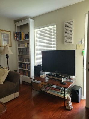 Una Smart TV, un reproductor de DVD, libros, una biblioteca de música