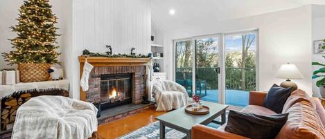 TV, fireplace, books