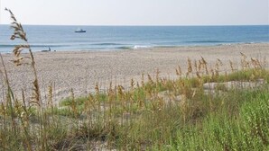 A beach with a boat in the distance, sandy shore, and tall grasses in the foreground. - Soundfront Sunsets with Private Dock, Kayaks, Large Pool, Hot Tub, Guesthouse (Salvo)