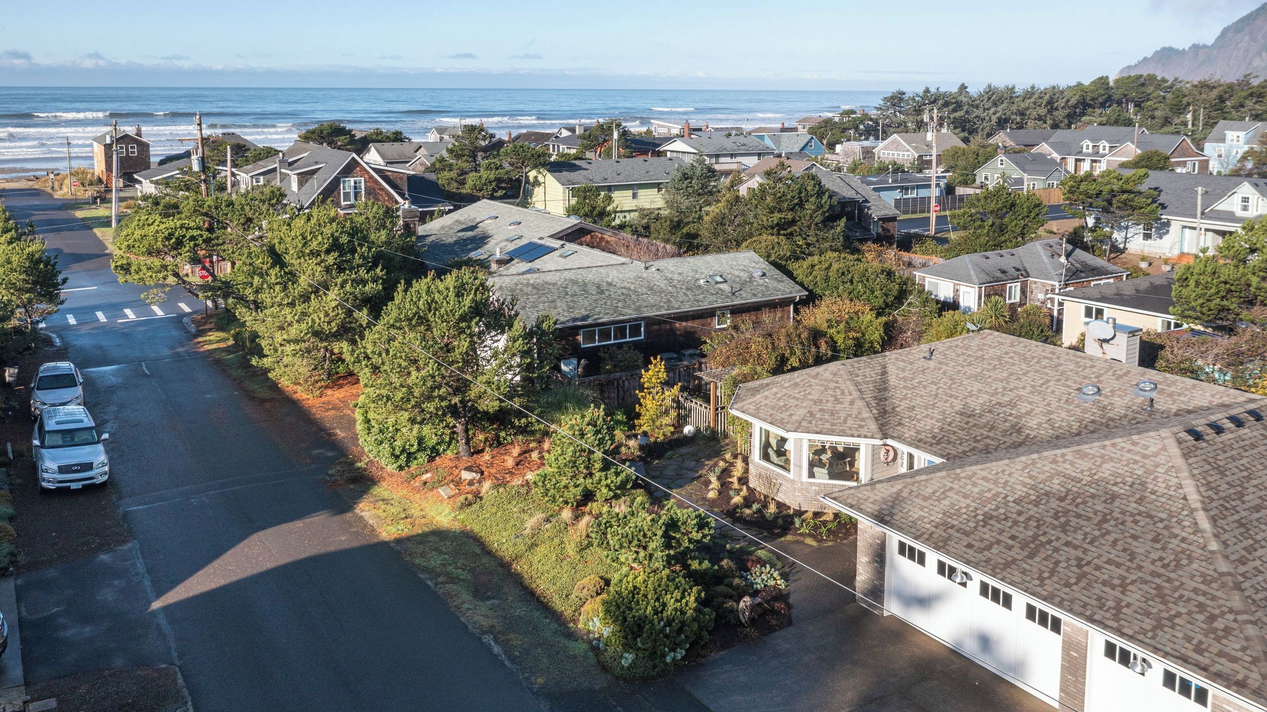 A residential area with houses, a road, and a view of the ocean.